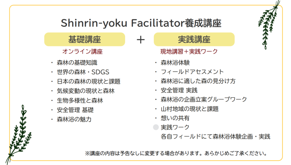 森林の基礎知識
世界の森林
SDGS 日本の森林の現状と課題
気候変動の現状と森林
 生物多様性と森林   
安全管理 基礎
 森林浴体験
フィールドアセスメント
森林浴に適した森の見分け方
 安全管理 実践
森林浴の企画立案グループワーク
 山村地域の現状と課題
 想いの共有
実践ワーク
森林浴の魅力